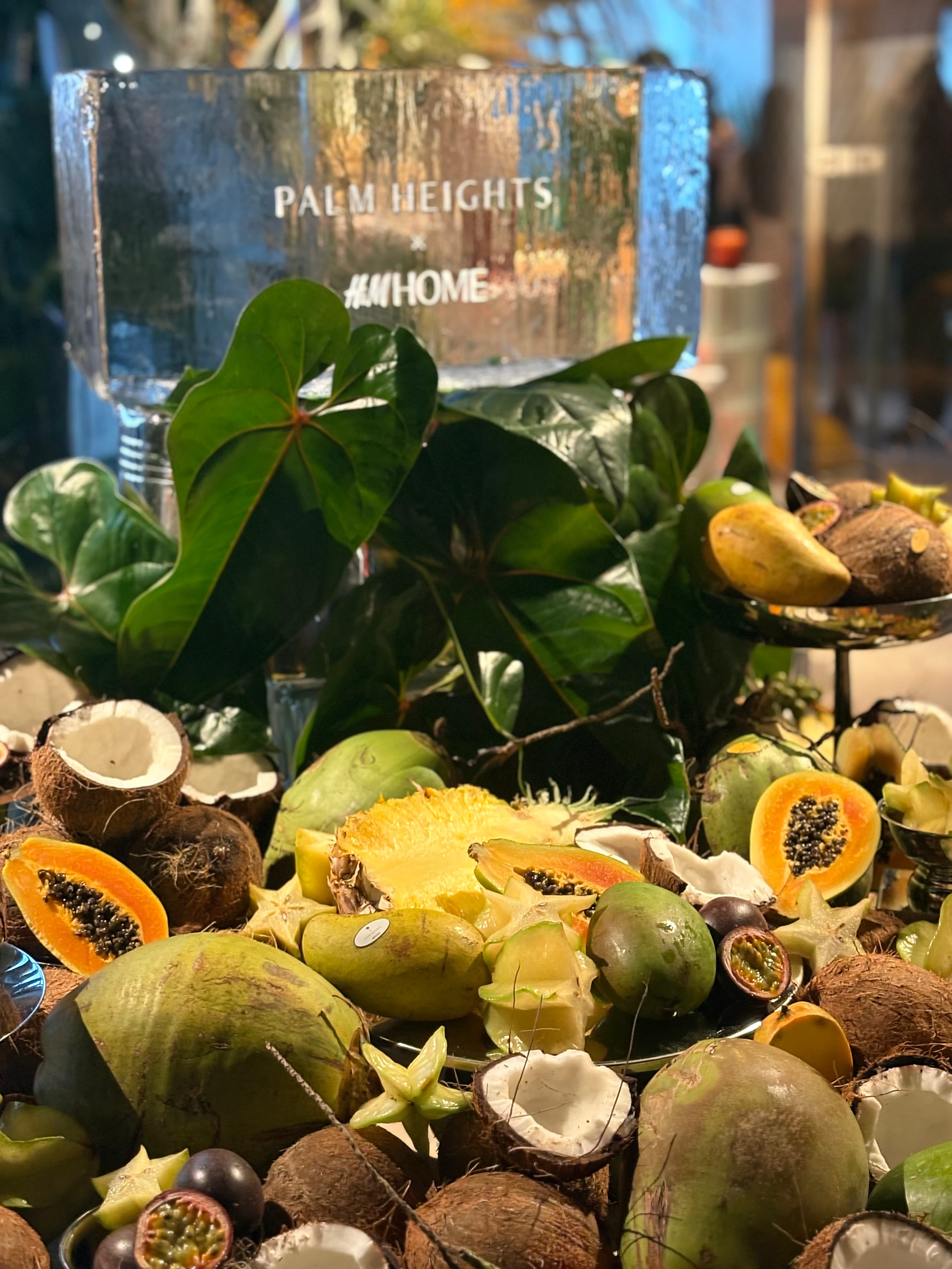 Close view of tropical fruit beneath a branded ice block