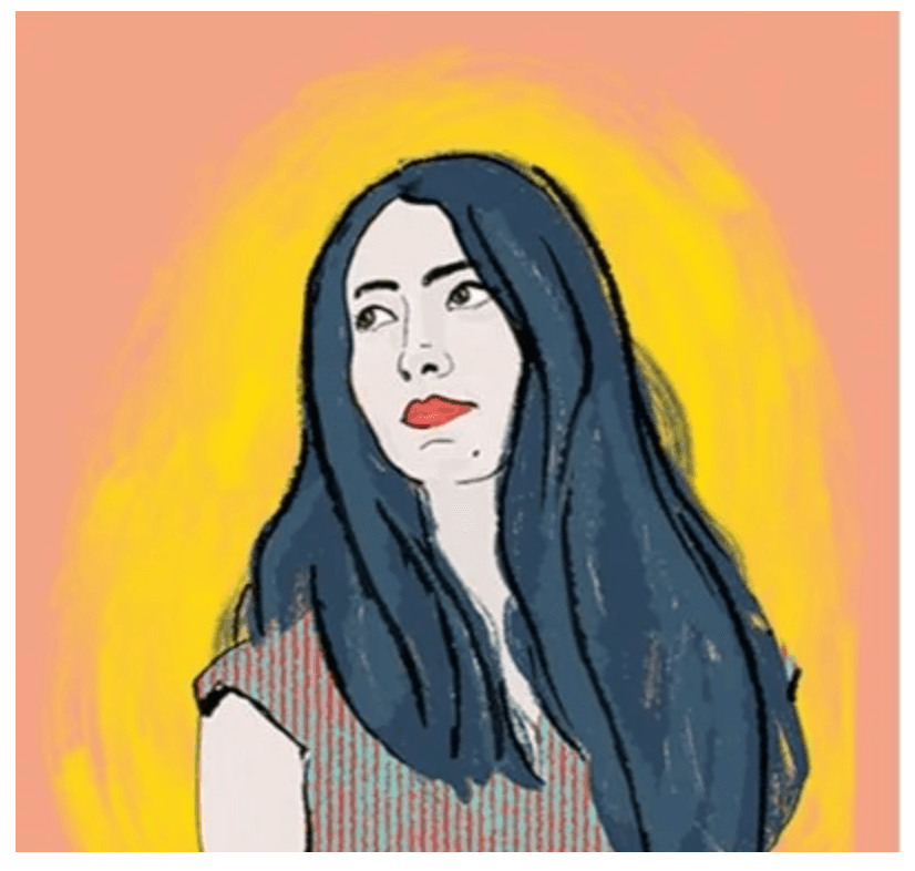 Illustrated portrait of Natasha David against a warm yellow and coral background